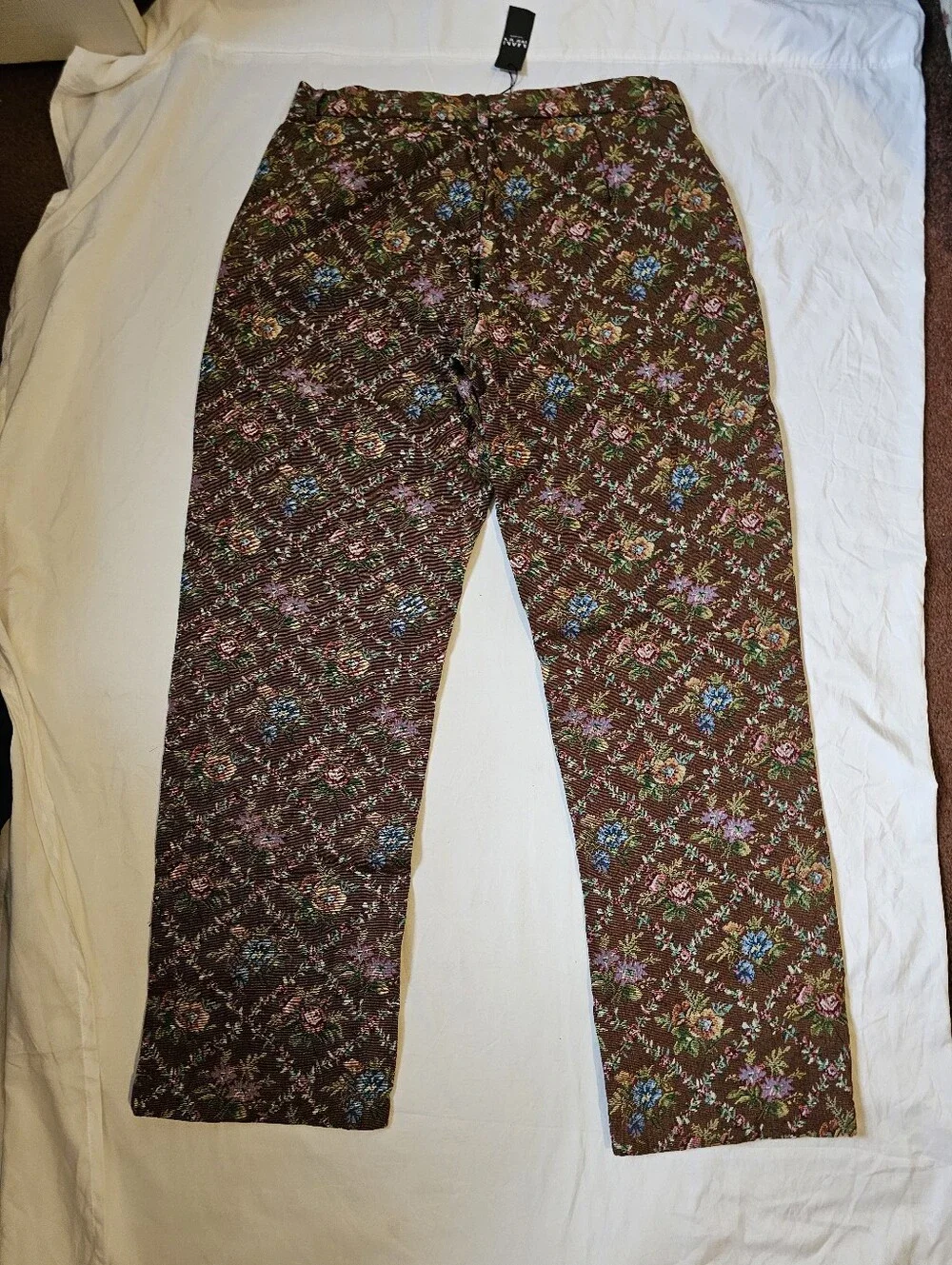 boohooMAN Men’s Floral Tapestry Trousers Chocolate Brown Size 34 NWT